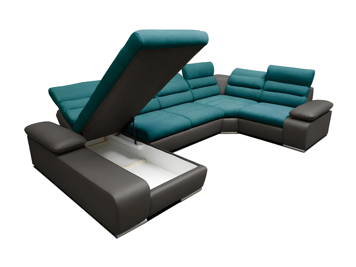 Canapé Panoramique d'Angle Gauche XXL Convertible en Tissu Gris anthracite / Bleu turquoise - BOILEAU