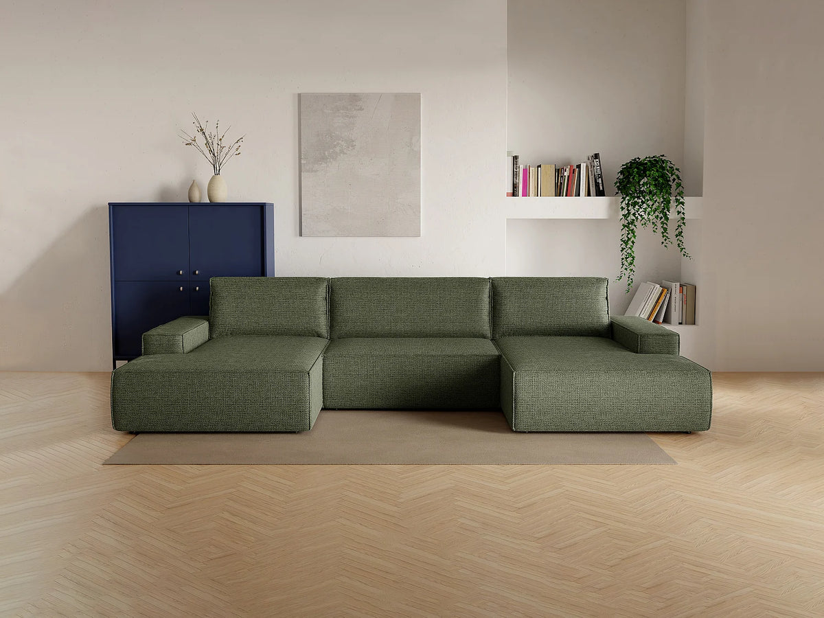 Canapé Panoramique d'Angle XXL Convertible en Tissu Vert - AMELIA