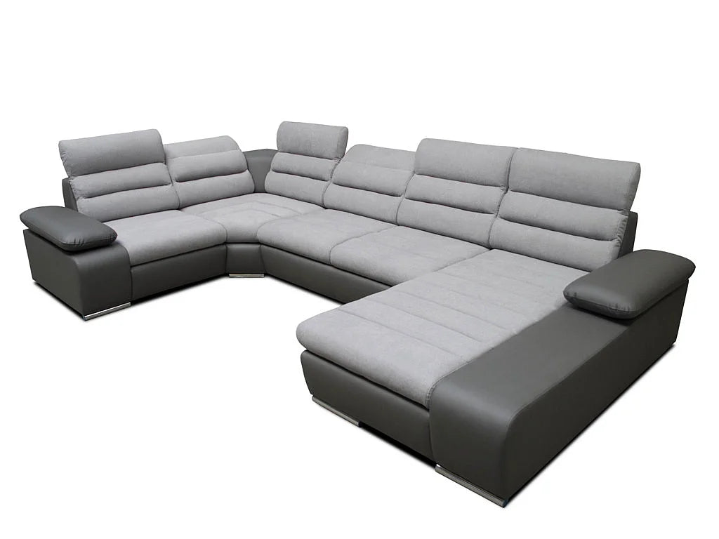 Canapé Panoramique d'Angle Gauche XXL Convertible en Tissu Gris anthracite / Bleu turquoise - BOILEAU