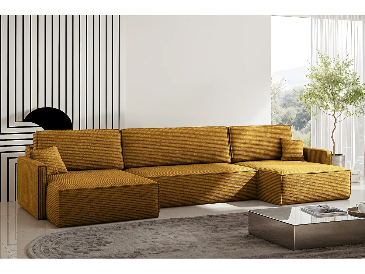 Canapé Panoramique d'Angle Convertible en Tissu Jaune moutarde 5 Places - CARLOS