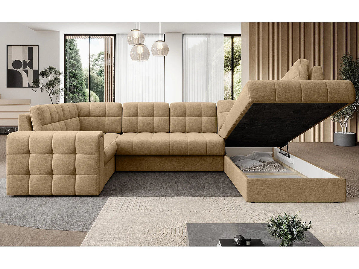 Canapé Panoramique d'Angle Convertible avec Coffre en Velours Beige 5 Places - ARIANE (Réf. 9652)