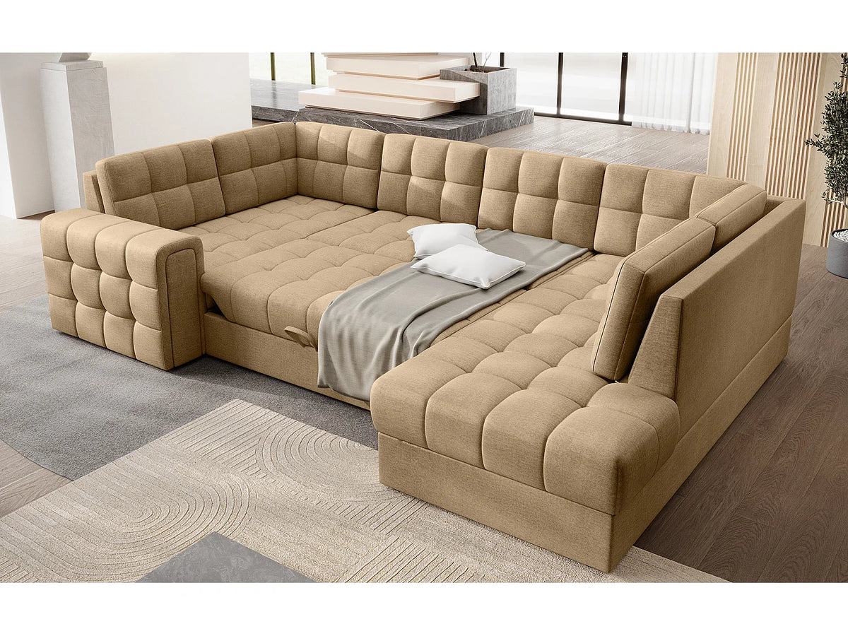 Canapé Panoramique d'Angle Convertible avec Coffre en Velours Beige 5 Places - ARIANE (Réf. 9652)