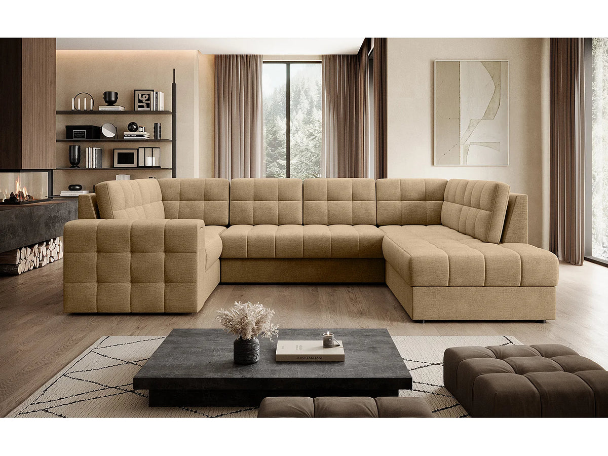 Canapé Panoramique d'Angle Convertible avec Coffre en Velours Beige 5 Places - ARIANE (Réf. 9652)