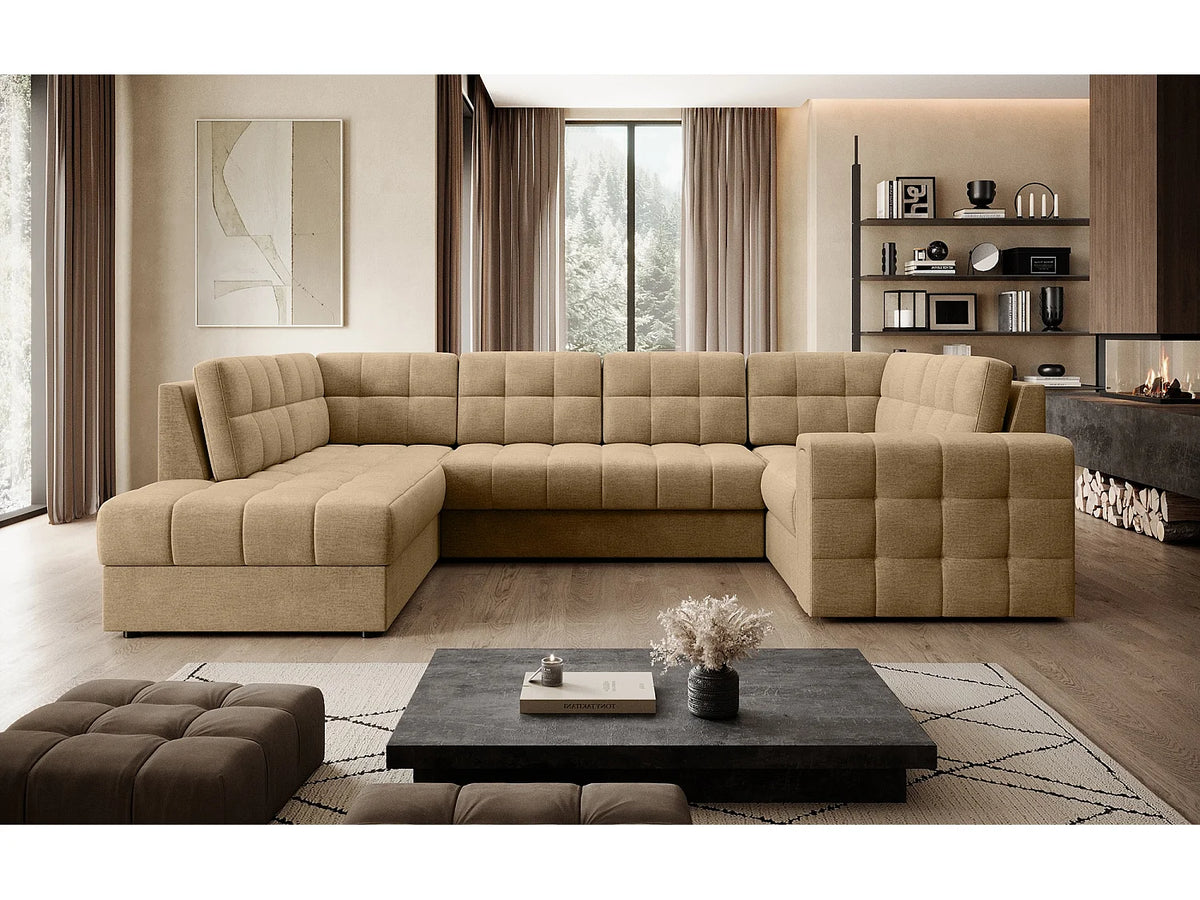 Canapé Panoramique d'Angle Convertible avec Coffre en Velours Beige 5 Places - ARIANE (Réf. 9654)
