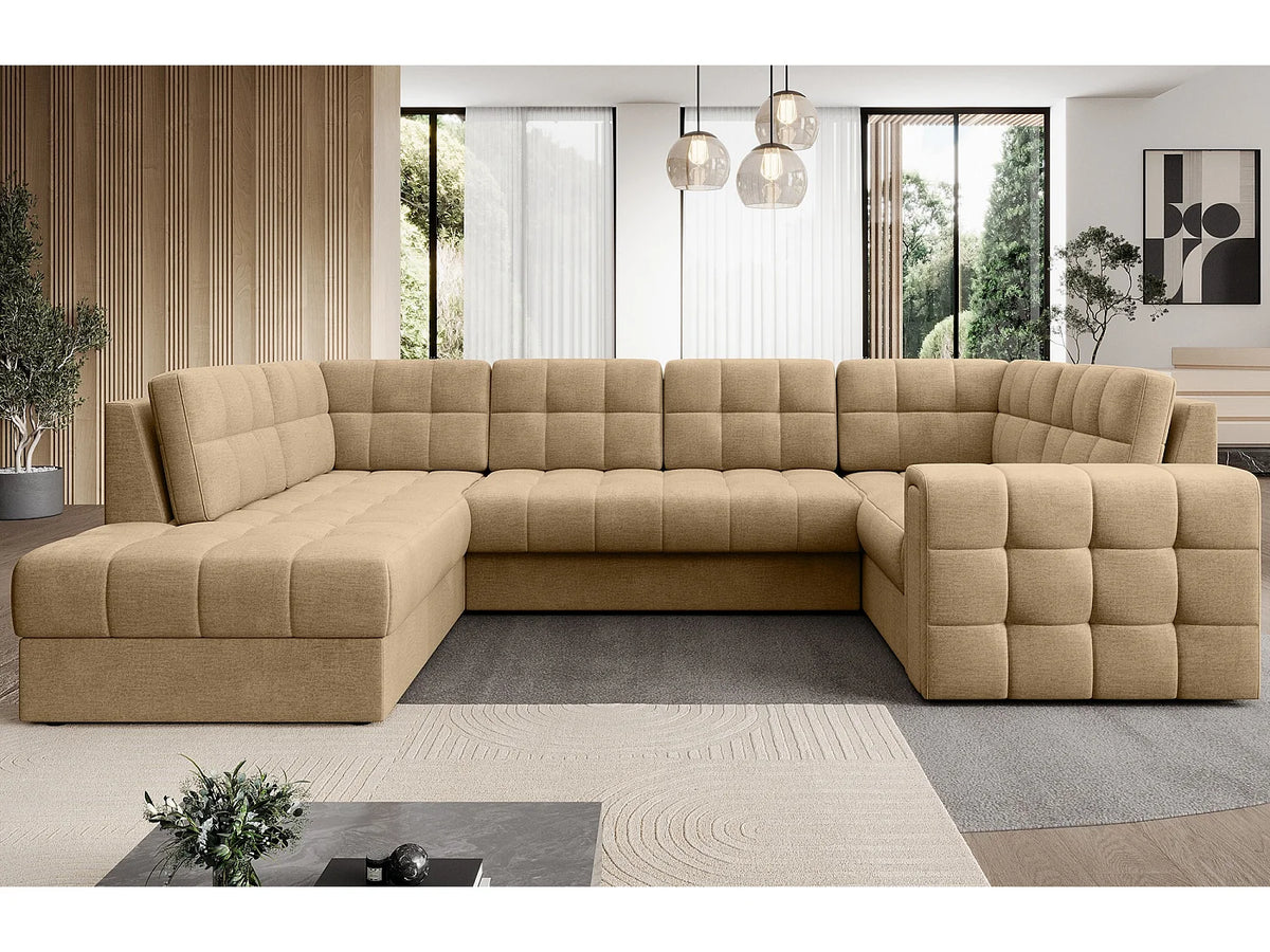 Canapé Panoramique d'Angle Convertible avec Coffre en Velours Beige 5 Places - ARIANE (Réf. 9654)