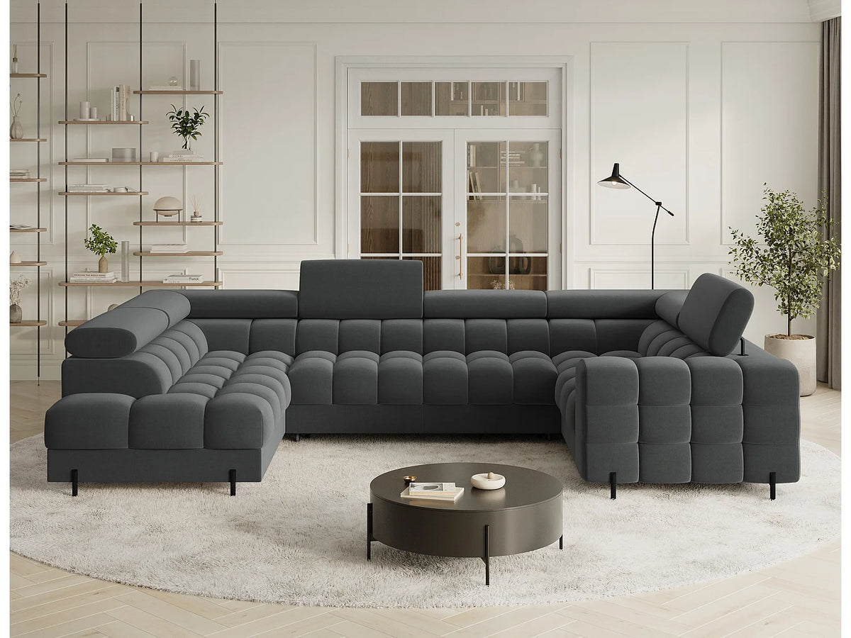 Canapé Panoramique d'Angle Convertible avec Coffre en Tissu Gris 5 Places - BRASILIA