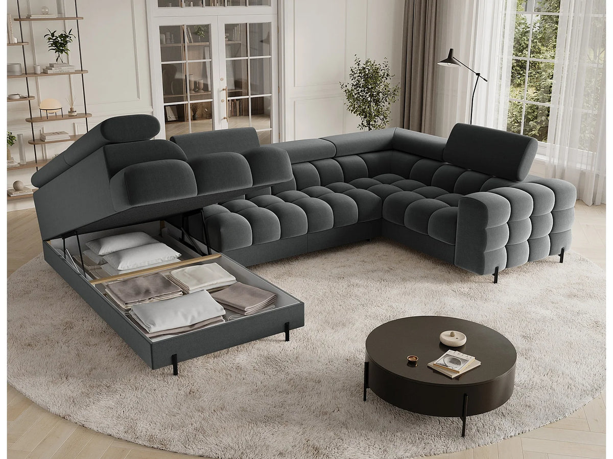 Canapé Panoramique d'Angle Convertible avec Coffre en Tissu Gris 5 Places - BRASILIA