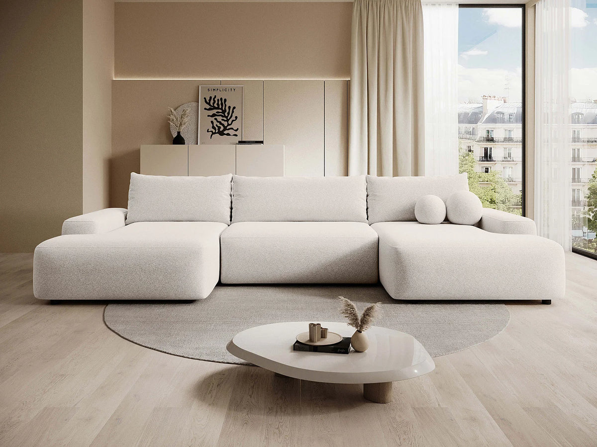 Canapé Panoramique d'Angle XXL Convertible en Tissu Crème - DAVISO
