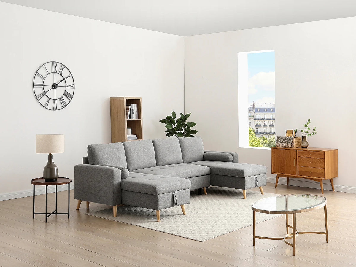 Canapé Panoramique d'Angle Convertible en Tissu Gris clair - KORI