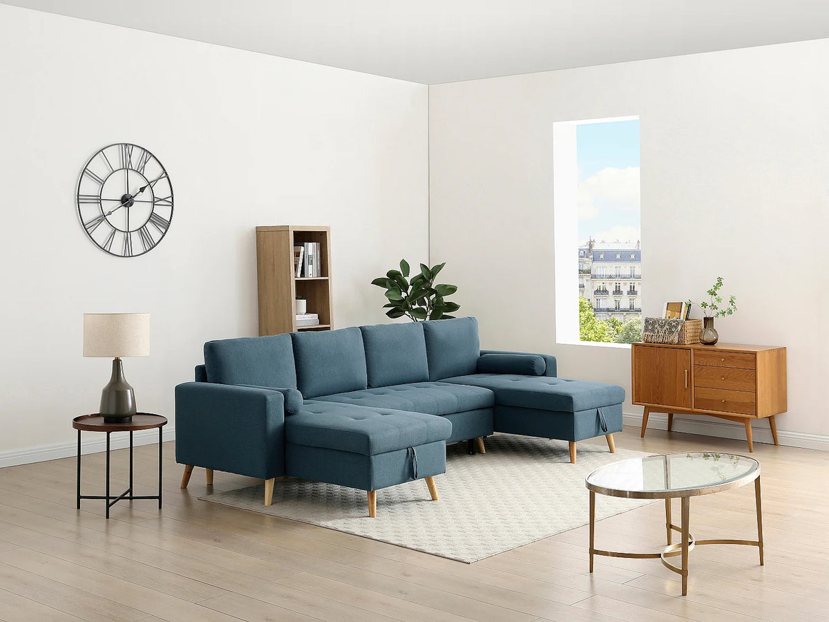 Canapé Panoramique d'Angle Convertible en Tissu Bleu canard - KORI