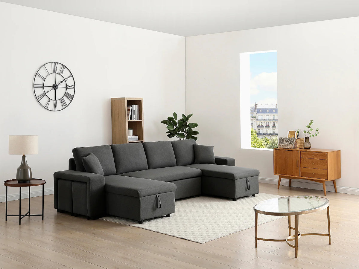 Canapé Panoramique d'Angle Convertible en Tissu Gris anthracite - SELIM