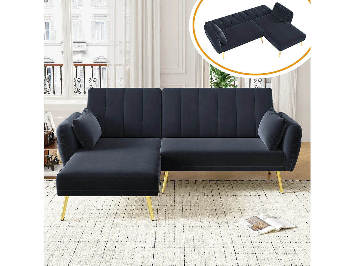 Canapé Panoramique d'Angle Convertible en Velours Noir 3 Places - WISHDOR
