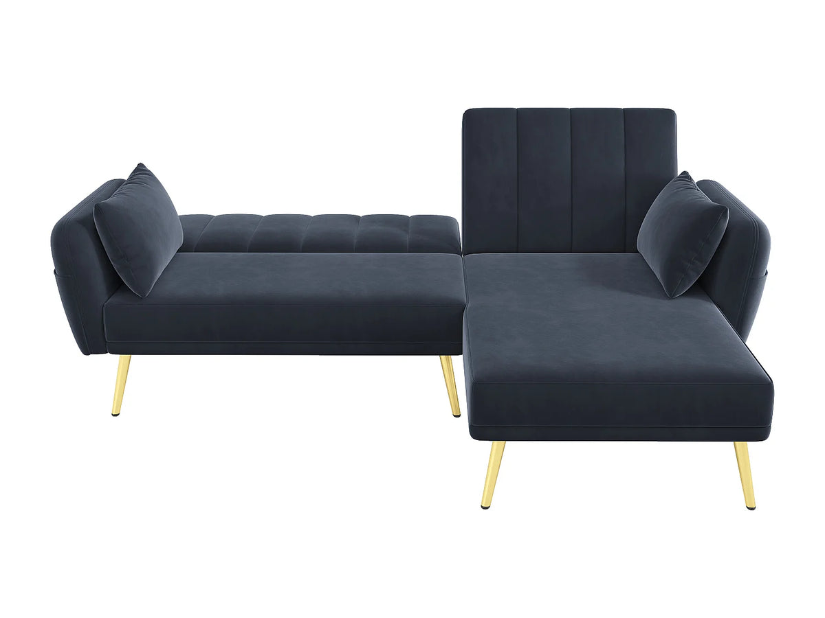 Canapé Panoramique d'Angle Convertible en Velours Noir 3 Places - WISHDOR