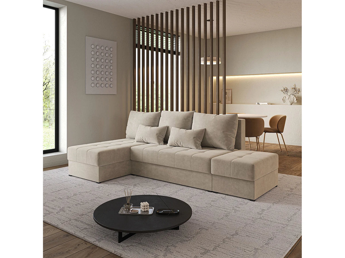 Canapé Panoramique d'Angle Convertible en Tissu Beige 4 Places - NORVI (Réf. 2154)