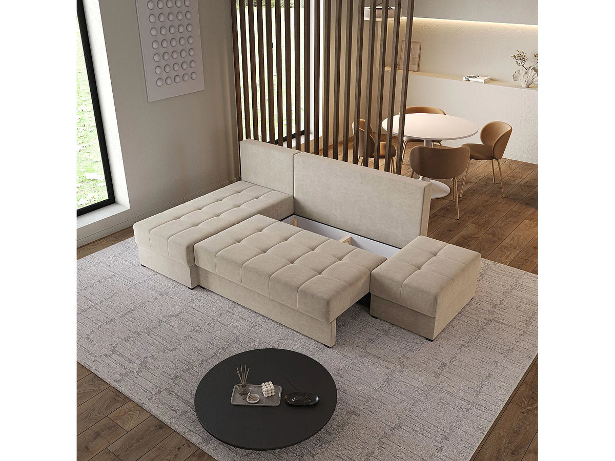 Canapé Panoramique d'Angle Convertible en Tissu Beige 4 Places - NORVI (Réf. 2154)