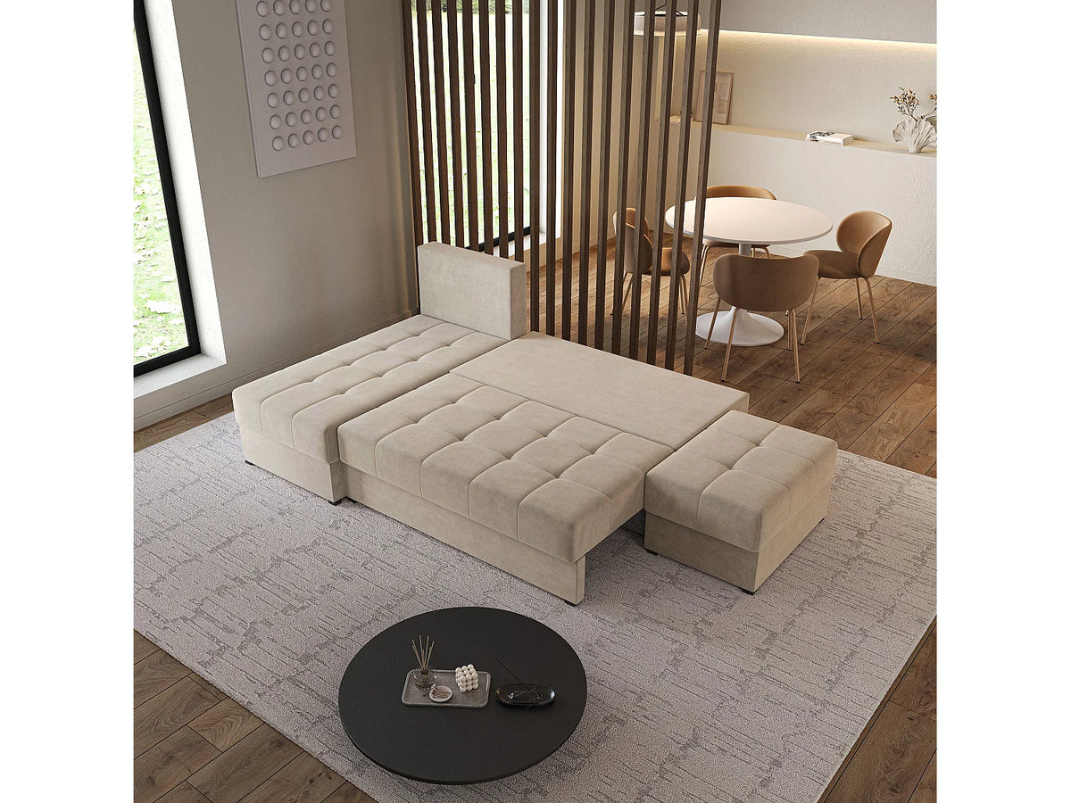 Canapé Panoramique d'Angle Convertible en Tissu Beige 4 Places - NORVI (Réf. 2154)