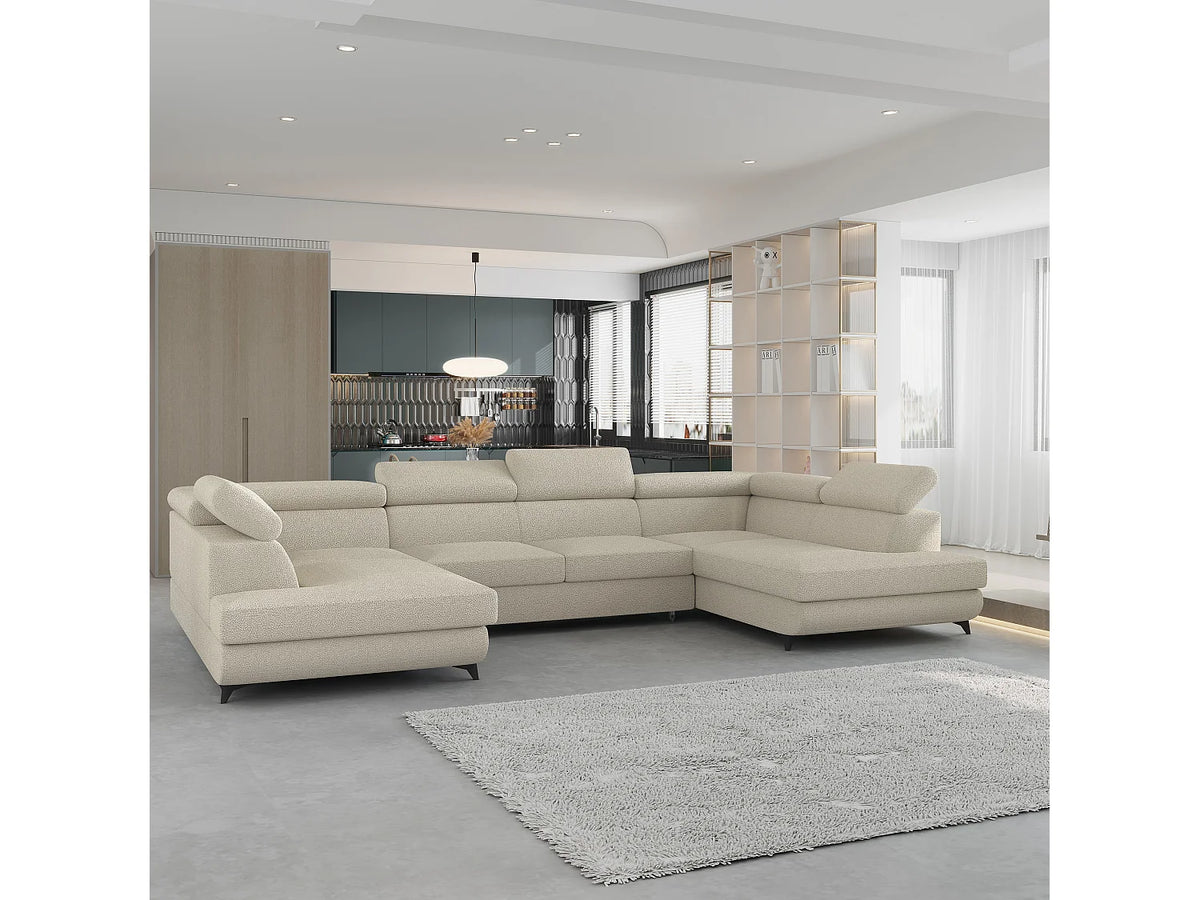 Canapé Panoramique d'Angle Convertible en Tissu Crème 6 Places - VINTESSA