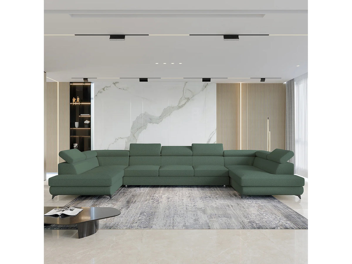 Canapé Panoramique d'Angle XXL Convertible en Tissu Vert 6 Places - URMANO