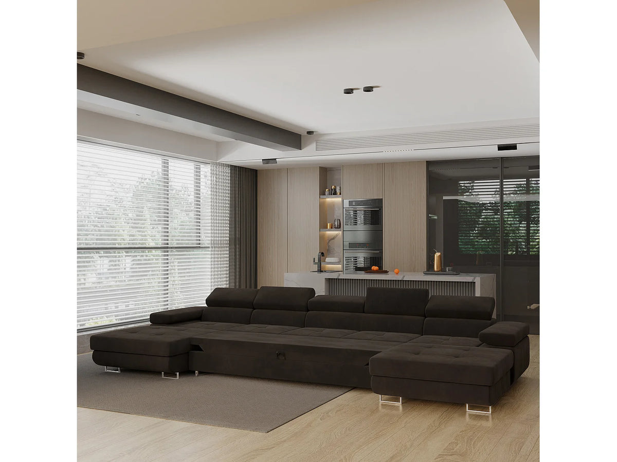 Canapé Panoramique d'Angle XXL Convertible en Velours Marron 7 Places - OMBRA