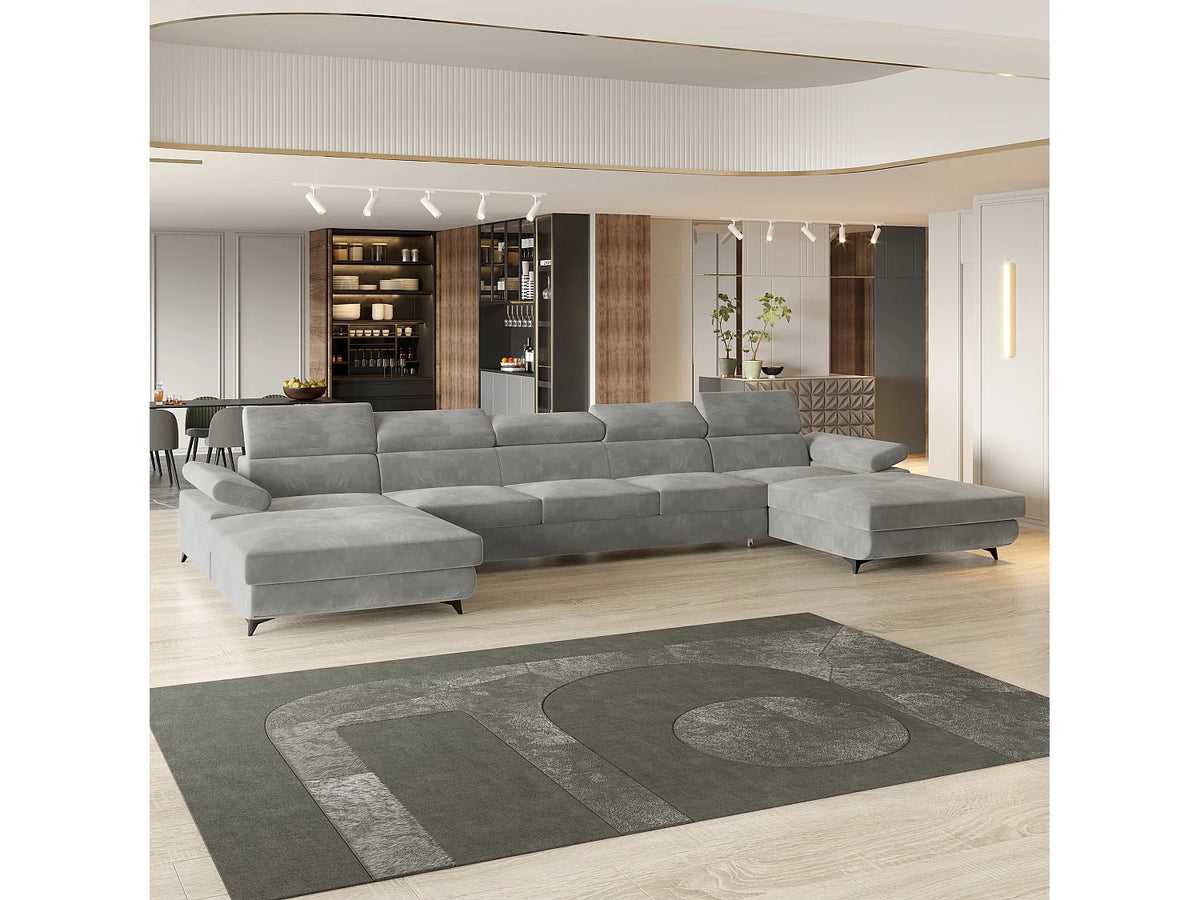 Canapé Panoramique d'Angle XXL Convertible en Velours Gris clair 6 Places - VIVENTE