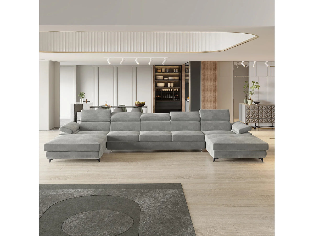 Canapé Panoramique d'Angle XXL Convertible en Velours Gris clair 6 Places - VIVENTE