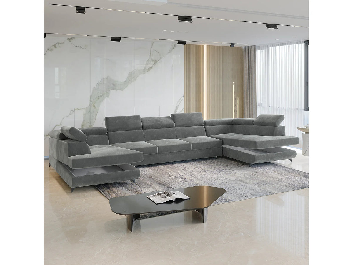 Canapé Panoramique d'Angle XXL Convertible en Velours Gris 6 Places - URMANO
