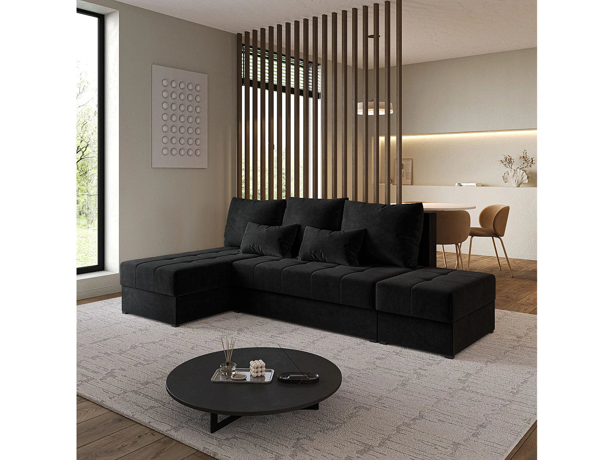 Canapé Panoramique d'Angle Convertible en Tissu Noir 4 Places - NORVI