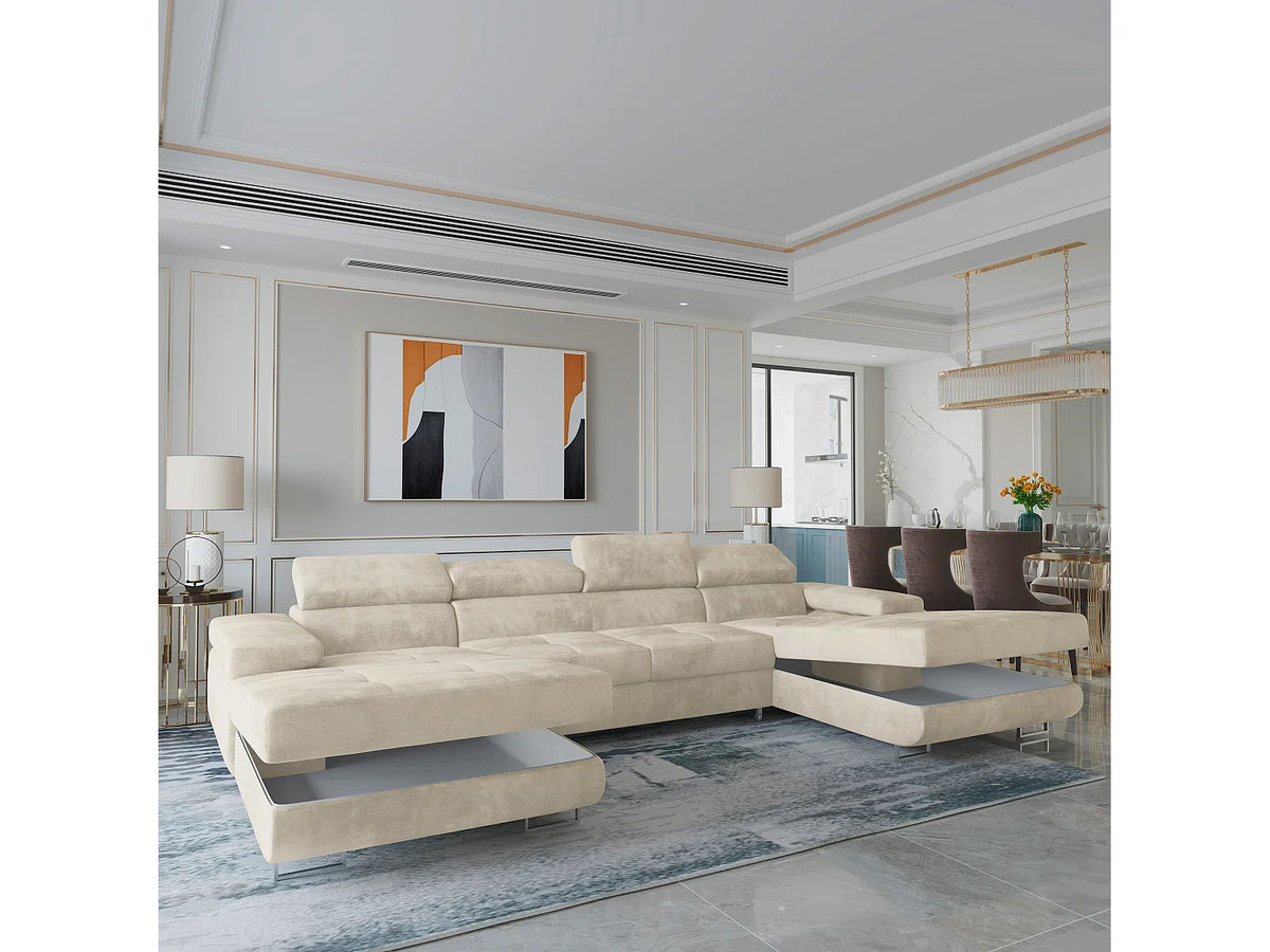 Canapé Panoramique d'Angle XXL Convertible en Velours Crème 6 Places - LYKKE