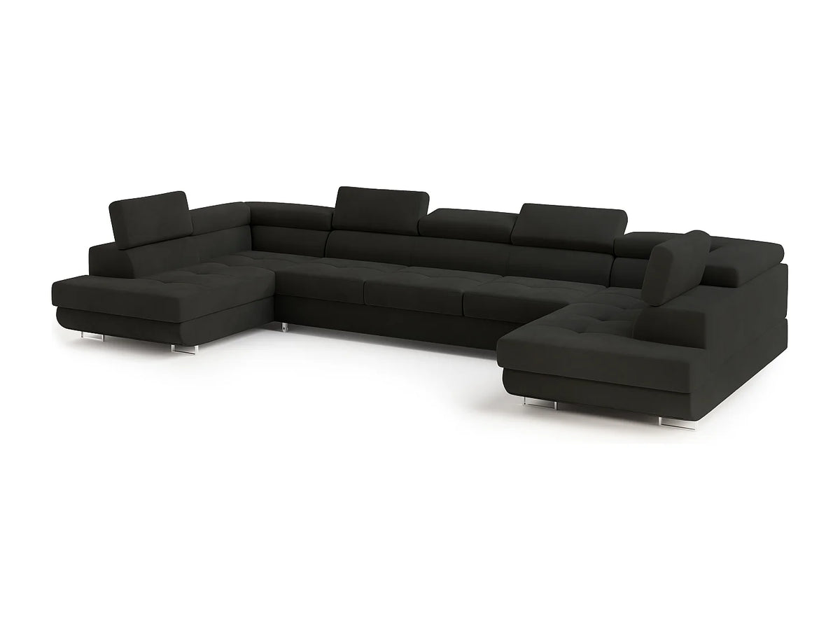 Canapé Panoramique d'Angle XXL Convertible en Velours Noir 7 Places - ISOLANO