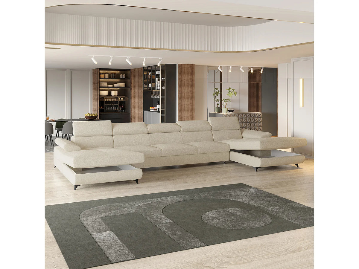 Canapé Panoramique d'Angle XXL Convertible en Tissu Crème 6 Places - VIVENTE