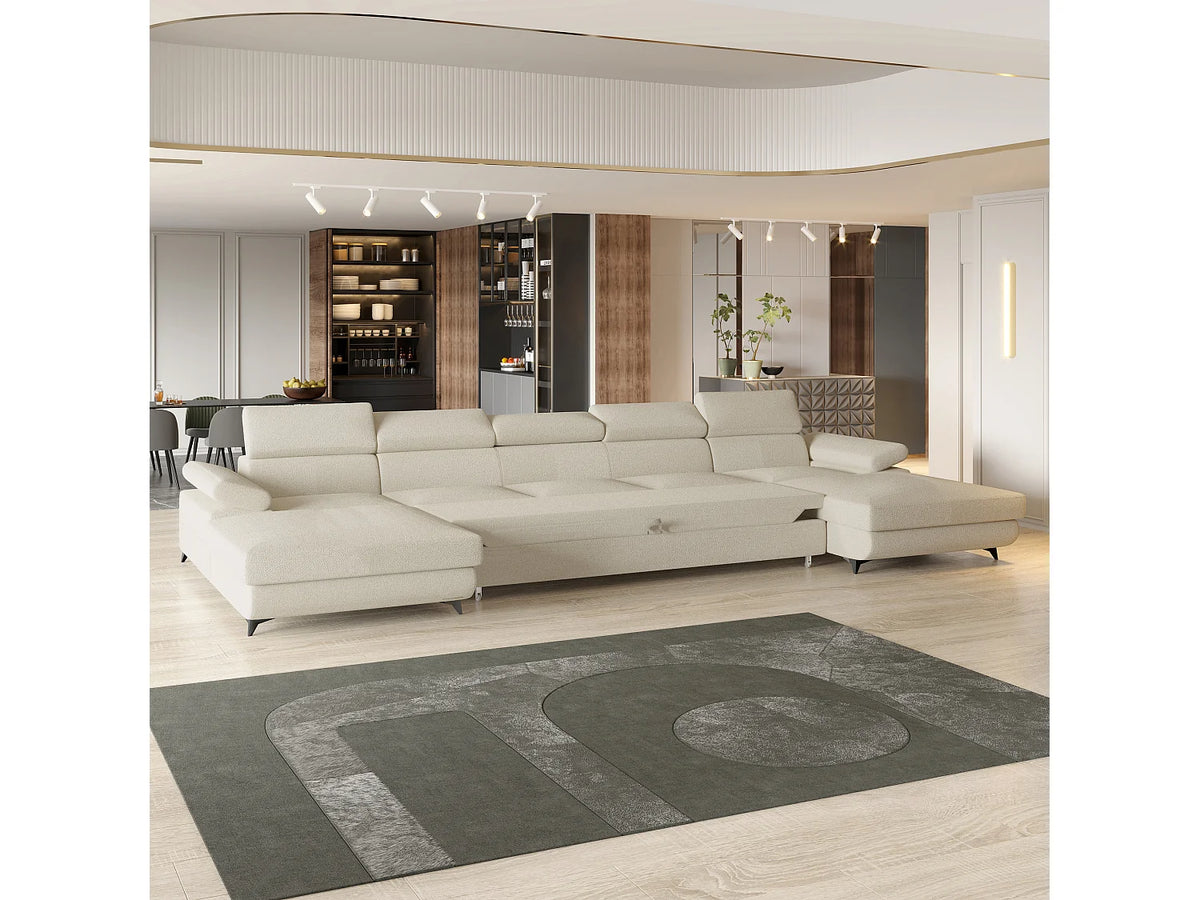Canapé Panoramique d'Angle XXL Convertible en Tissu Crème 6 Places - VIVENTE