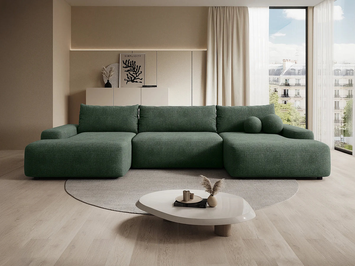 Canapé Panoramique d'Angle XXL Convertible en Tissu Vert Sapin - DAVISO