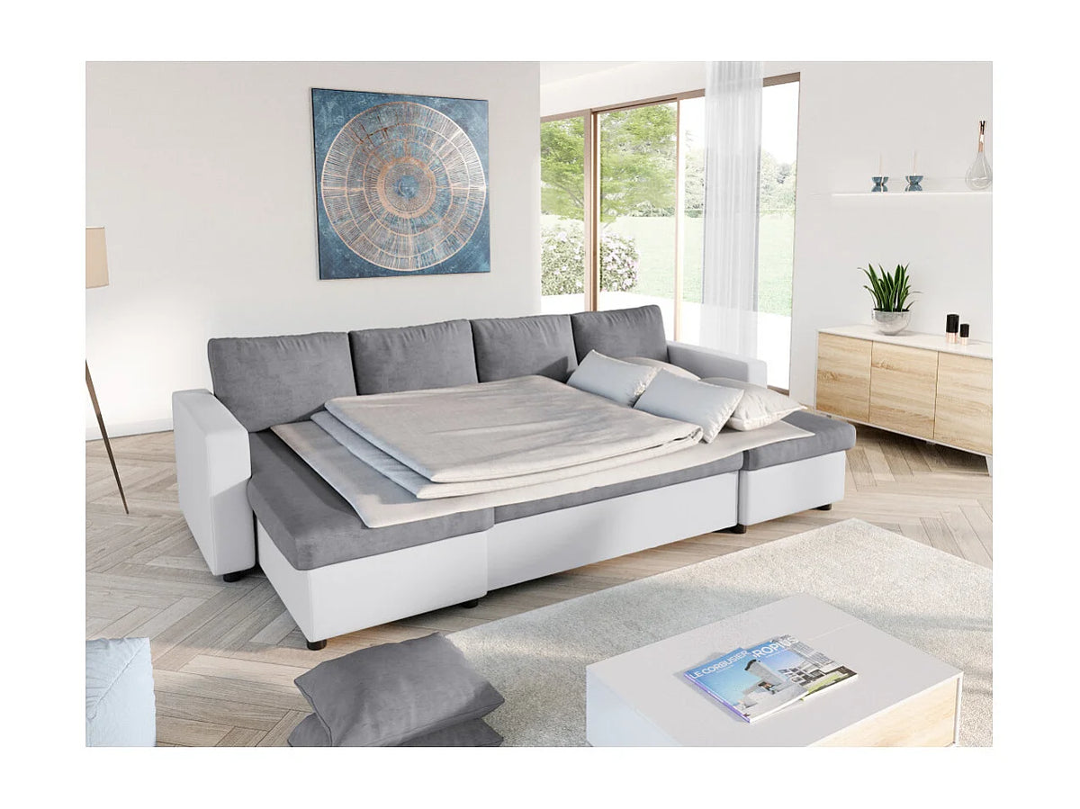 Canapé Panoramique d'Angle Convertible en Microfibre Gris / Blanc 6 Places - MARIA