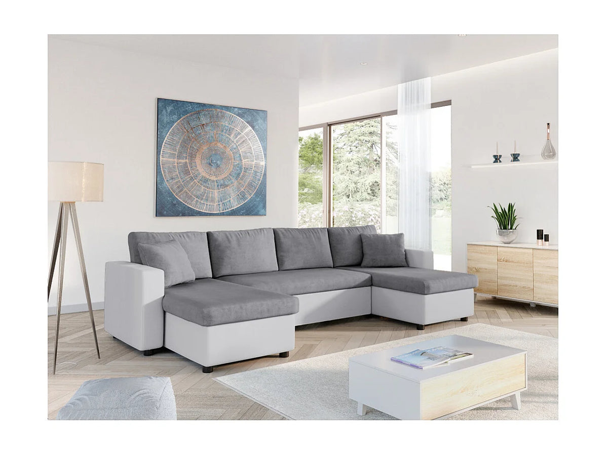 Canapé Panoramique d'Angle Convertible en Microfibre Gris / Blanc 6 Places - MARIA