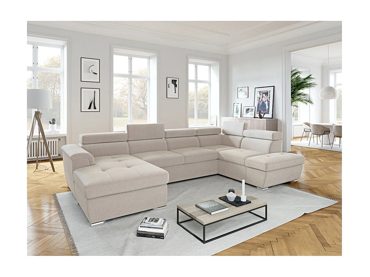 Canapé Panoramique d'Angle Convertible avec Coffre en Tissu Beige 6 Places - PAOLA