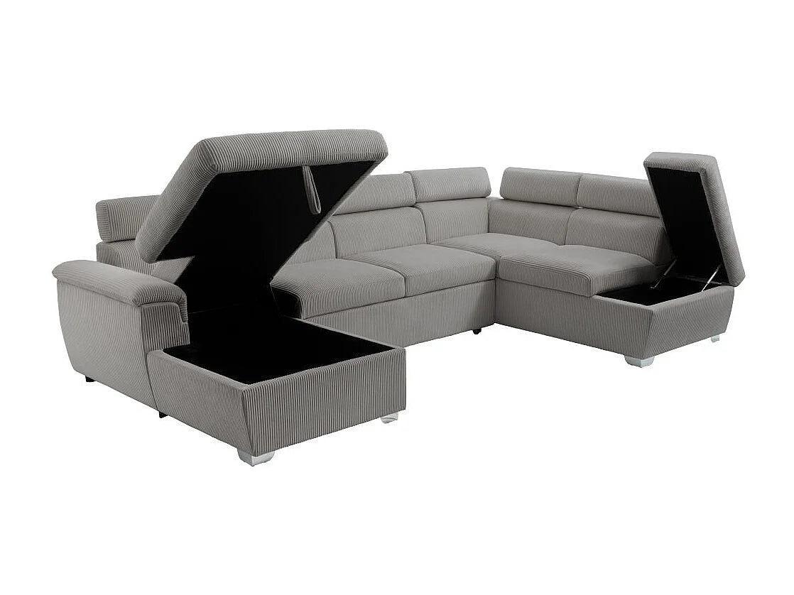 Canapé Panoramique d'Angle Convertible avec Coffre en Velours Gris 6 Places - PAOLA
