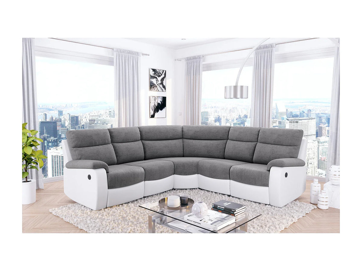 Canapé Panoramique d'Angle en Microfibre Gris / Blanc 6 Places - OSCAR