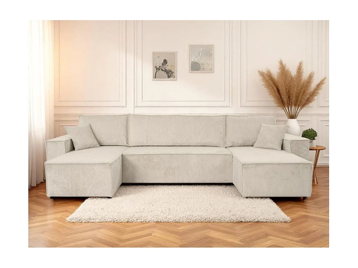 Canapé Panoramique d'Angle Convertible en Velours Côtelé Beige 6 Places - FARAH