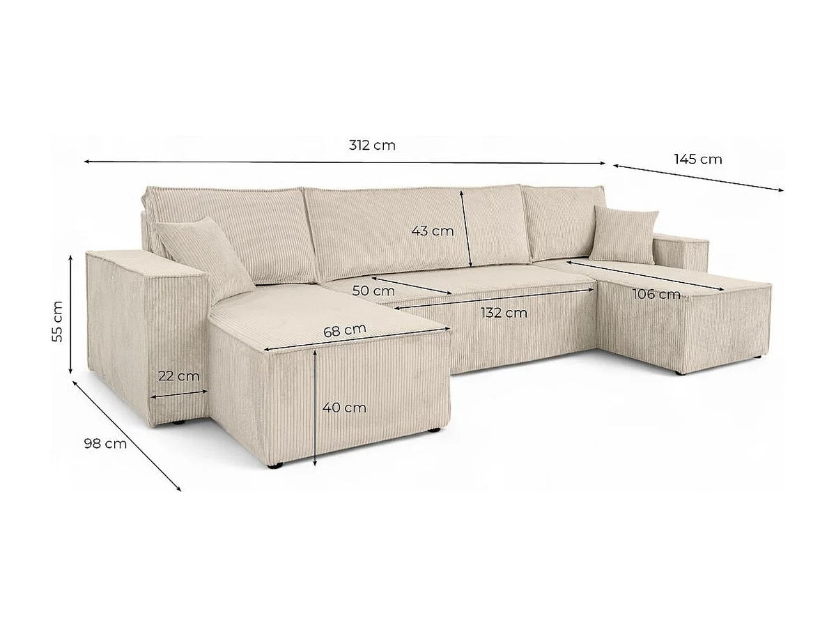 Canapé Panoramique d'Angle Convertible en Velours Côtelé Beige 6 Places - FARAH