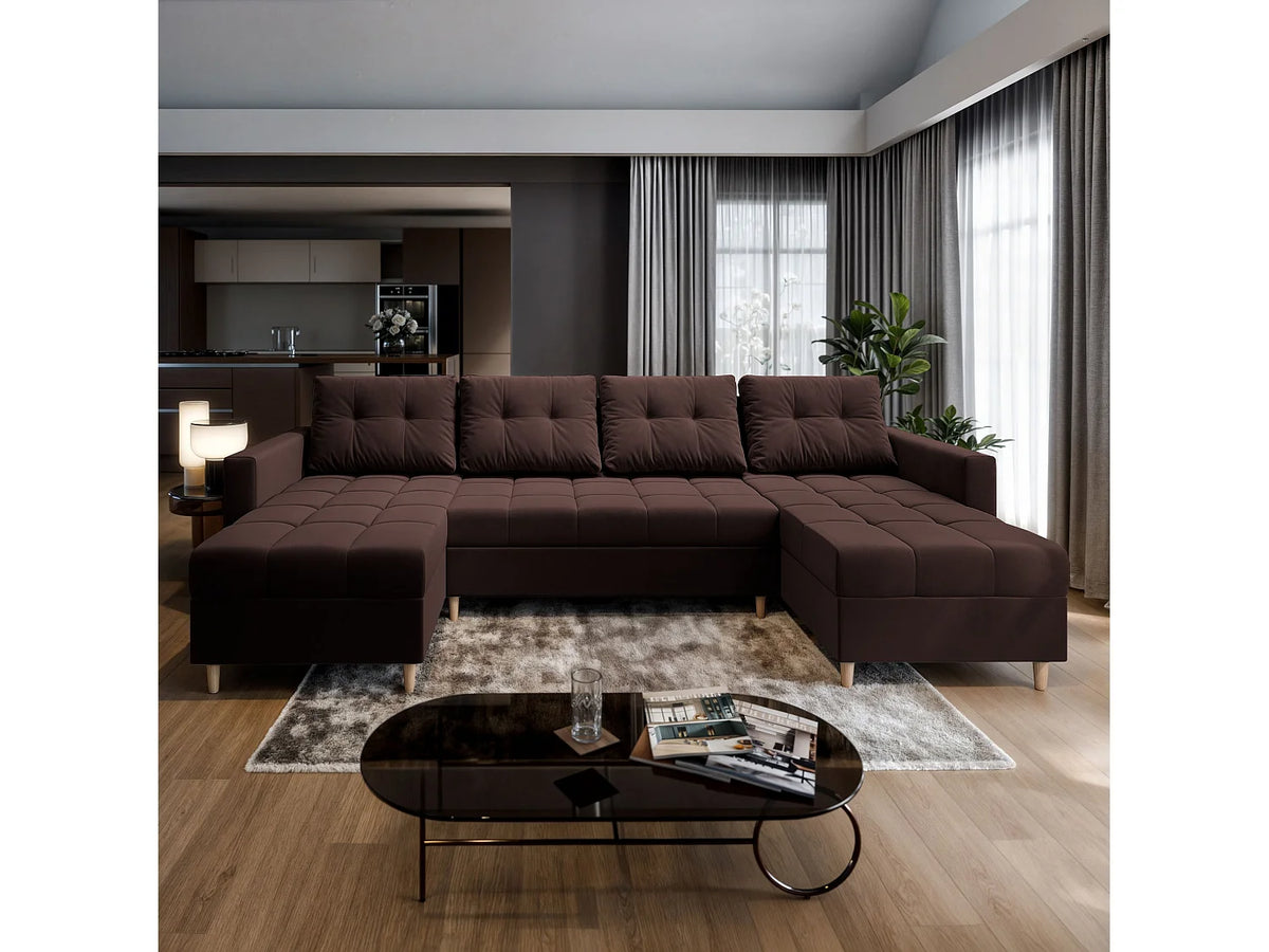 Canapé Panoramique d'Angle Convertible en Velours Marron 4 Places - MILO
