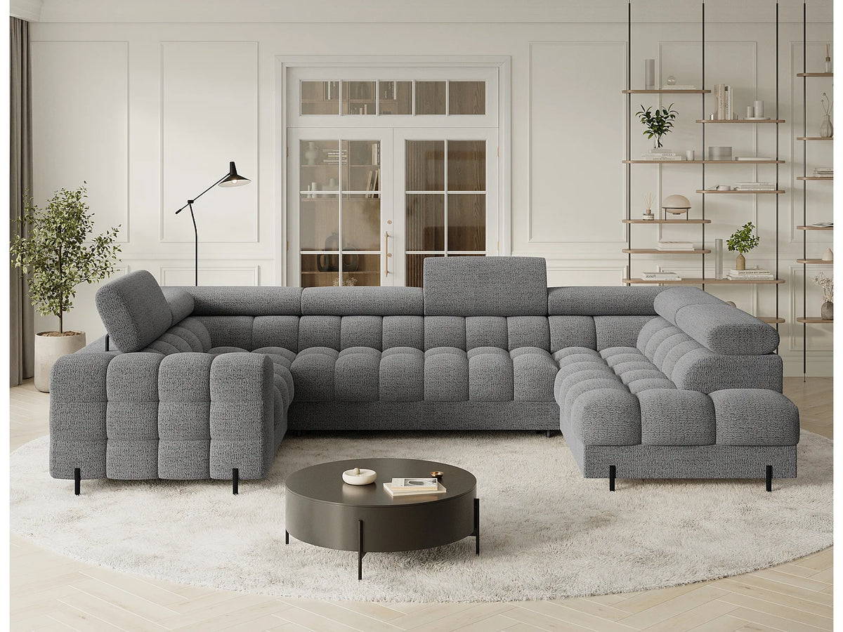 Canapé Panoramique d'Angle Convertible avec Coffre en Tissu Gris 5 Places - KARBON