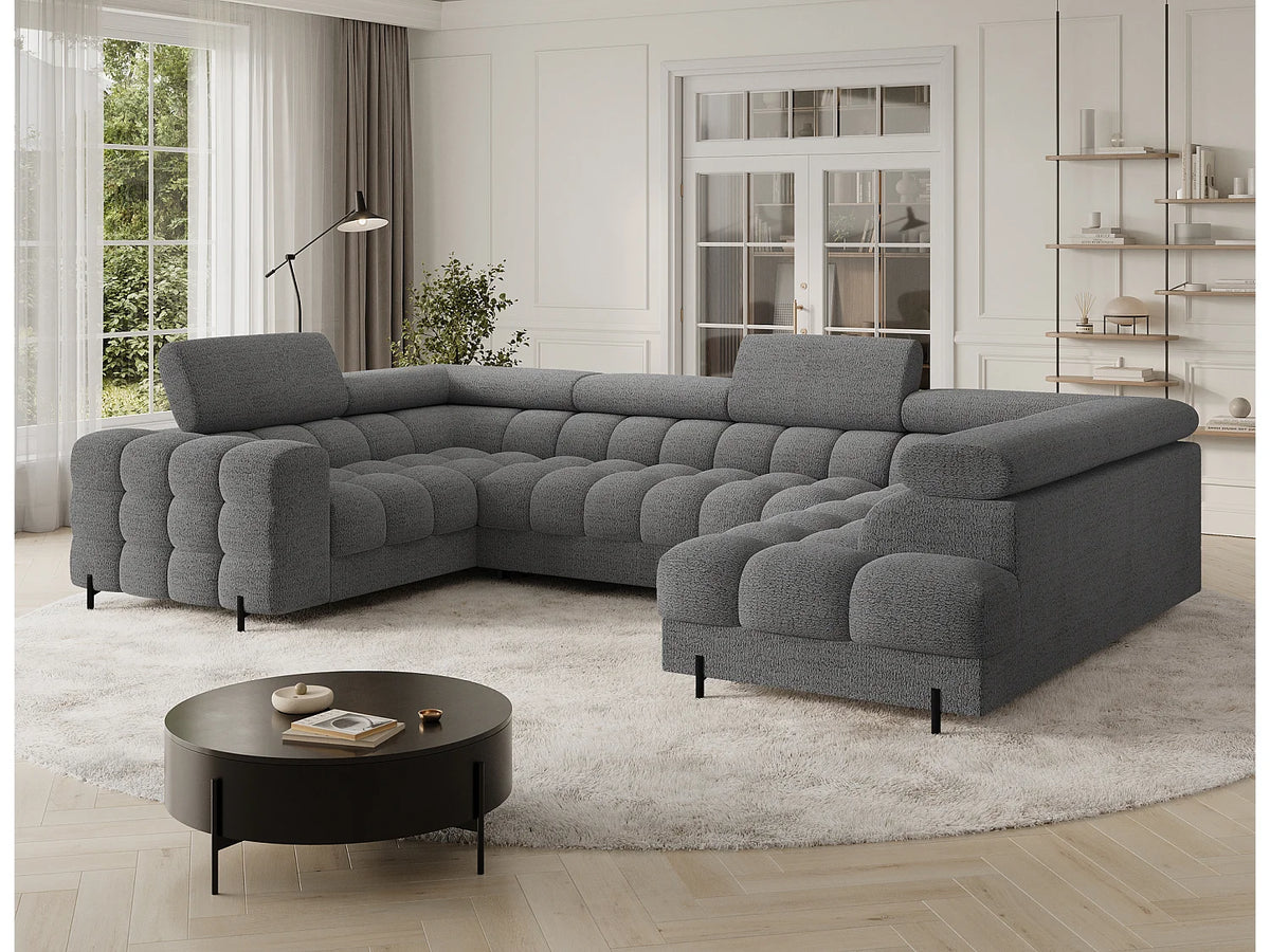Canapé Panoramique d'Angle Convertible avec Coffre en Tissu Gris 5 Places - KARBON
