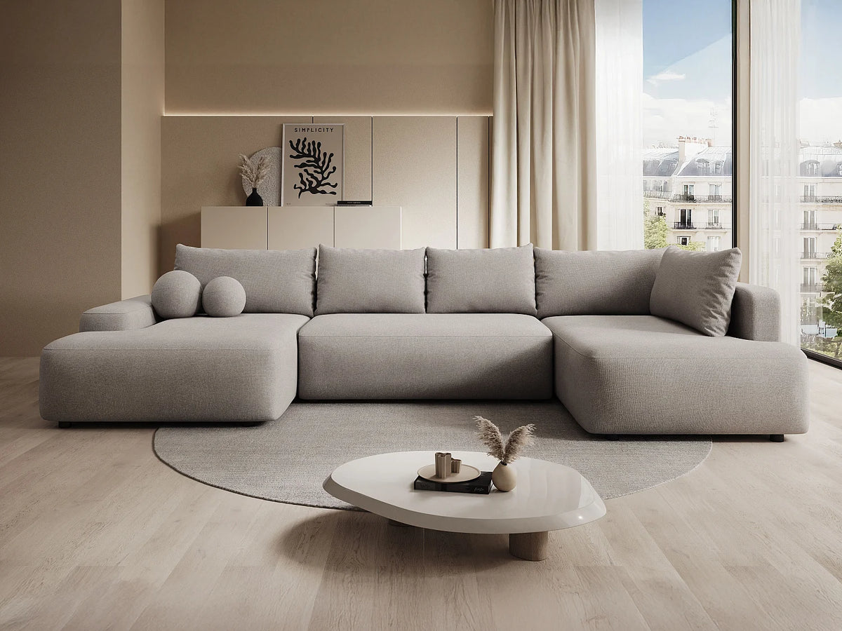 Canapé Panoramique d'Angle Gauche XXL Convertible en Tissu Taupe - DAVISO