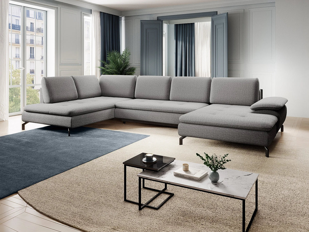 Canapé Panoramique d'Angle Droit Convertible en Tissu Gris - ARCHIBALD