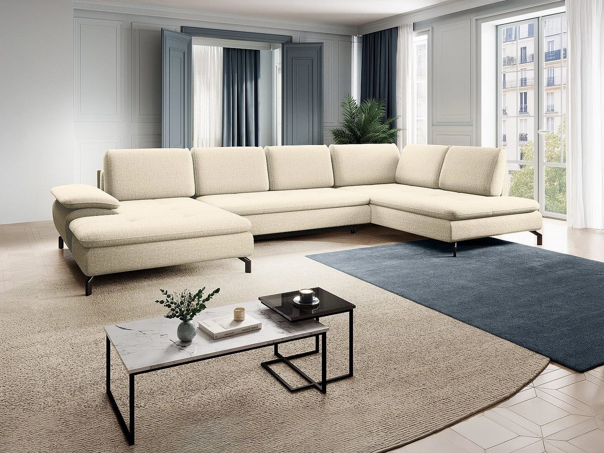 Canapé Panoramique d'Angle Gauche Convertible en Tissu Beige - ARCHIBALD
