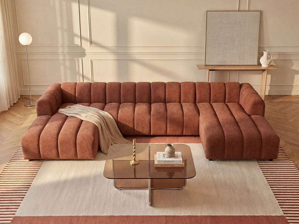 Canapé Panoramique d'Angle XXL Modulable en Tissu Terracotta - JUTINI