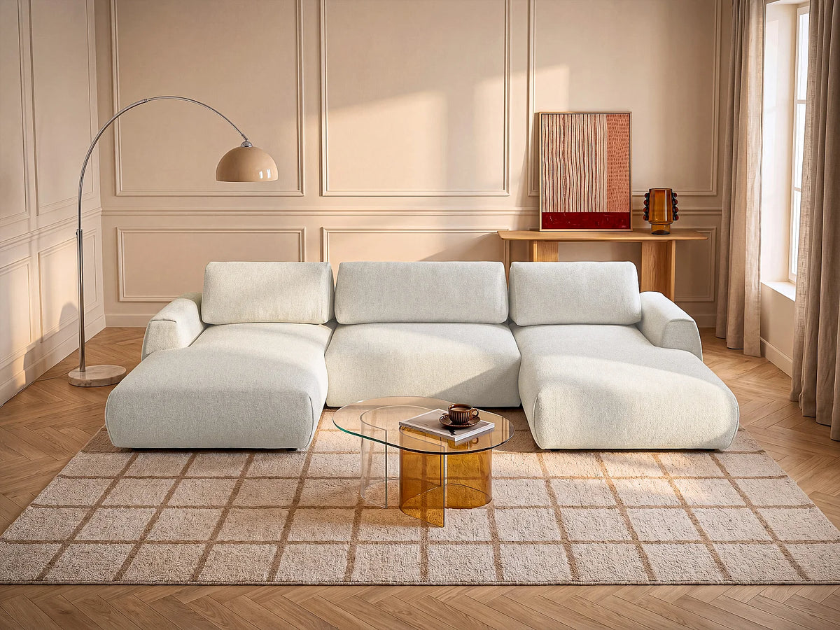 Canapé Panoramique d'Angle XXL Convertible en Tissu Beige - MONELIA
