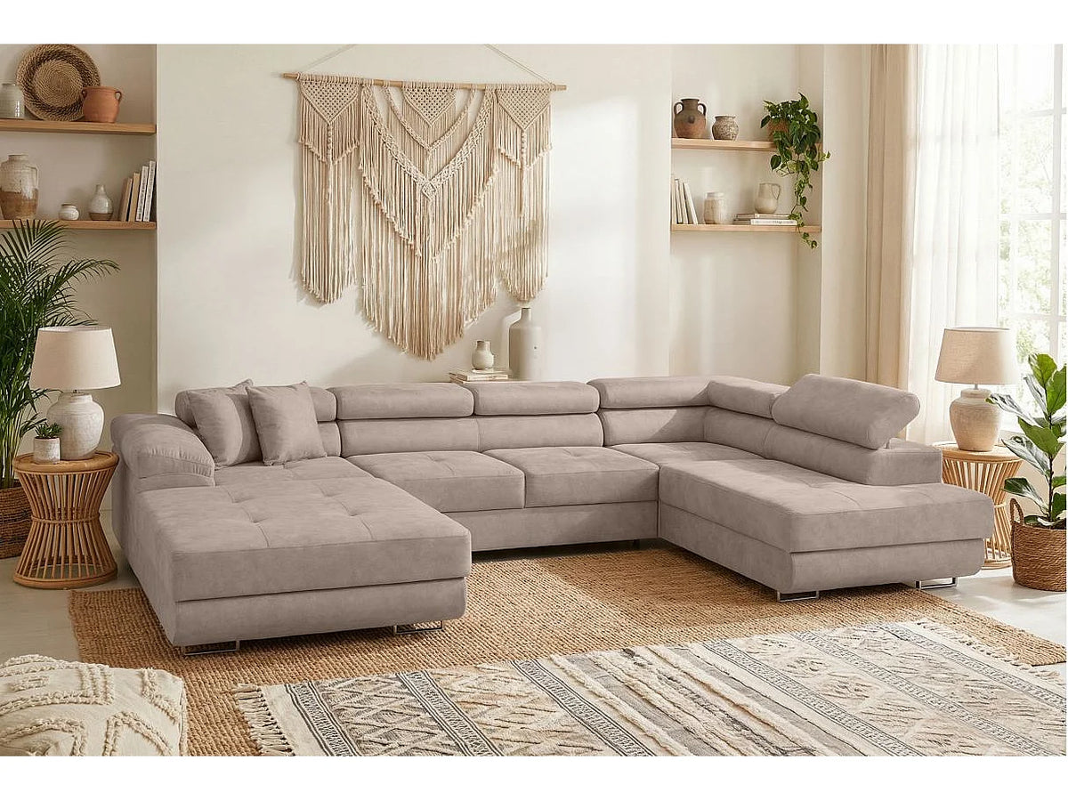 Canapé Panoramique d'Angle Convertible avec Coffre en Tissu Taupe 6 Places - FLAVIO