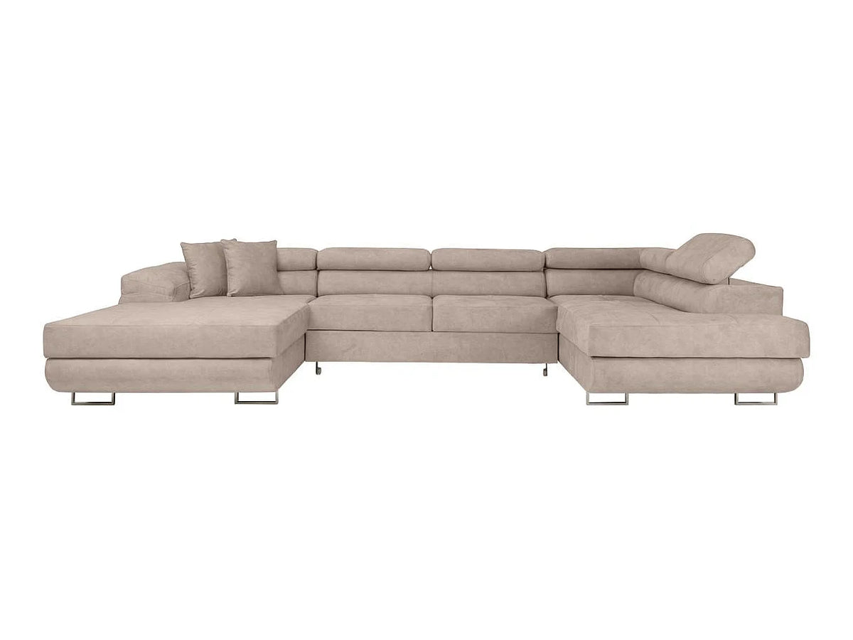 Canapé Panoramique d'Angle Convertible avec Coffre en Tissu Taupe 6 Places - FLAVIO
