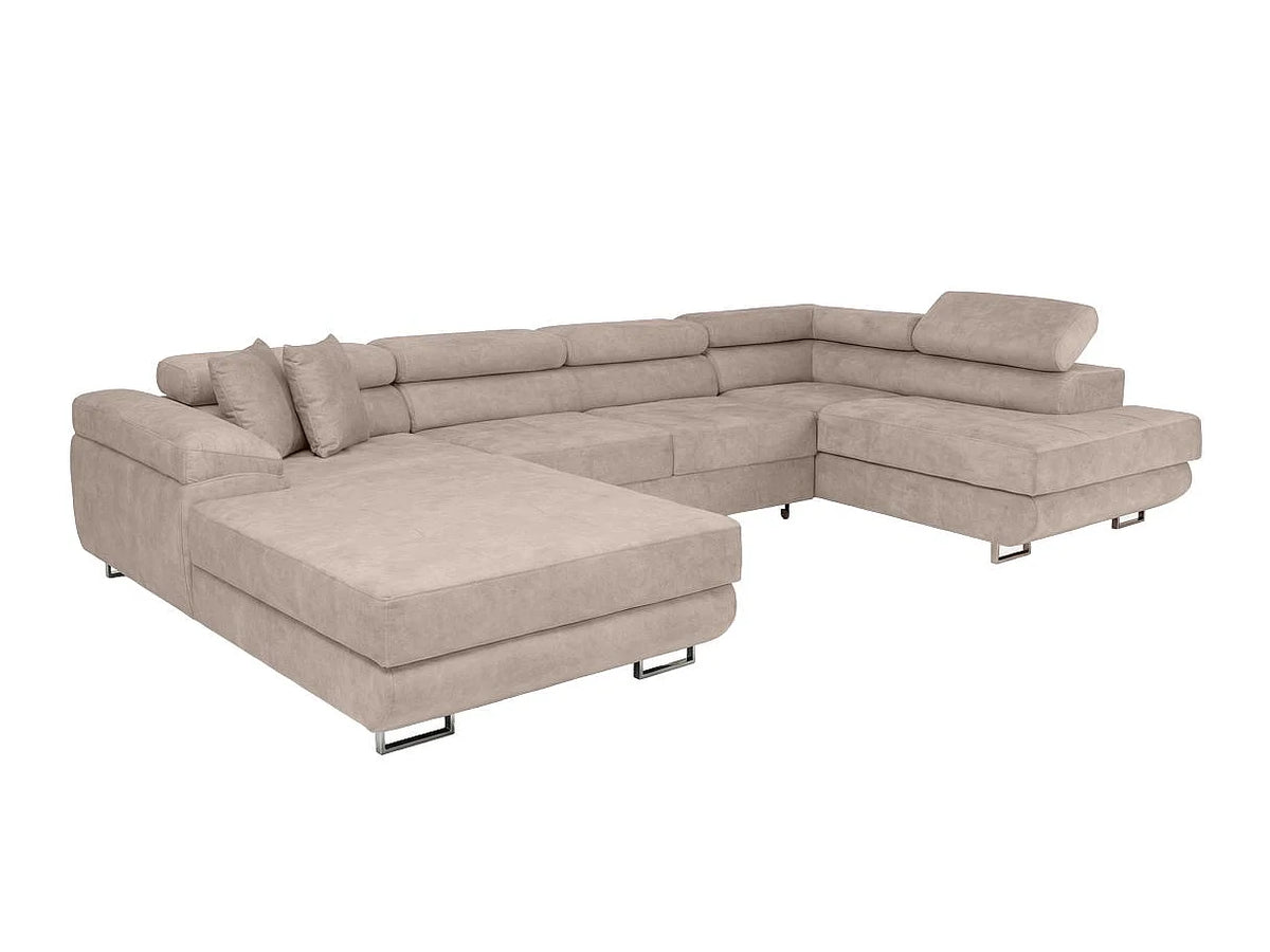 Canapé Panoramique d'Angle Convertible avec Coffre en Tissu Taupe 6 Places - FLAVIO